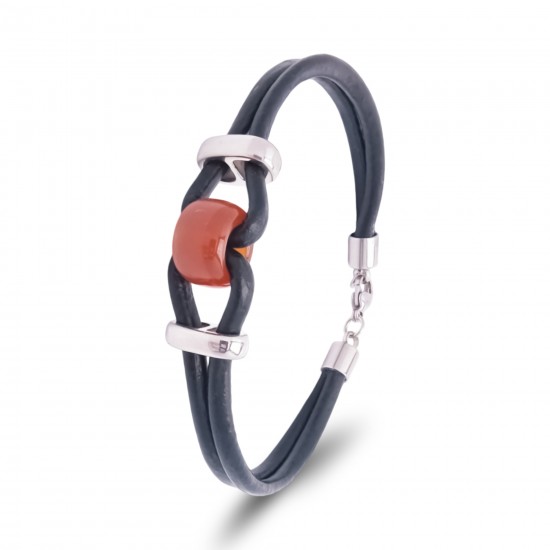 Red Matte Agate Stone Leather and Steel Lock Men's Bracelet